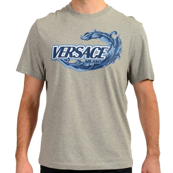 Versace Men's Gray & Blue Logo Print Short Sleeve T-Shirt US M IT 50 - Picture 1 of 6